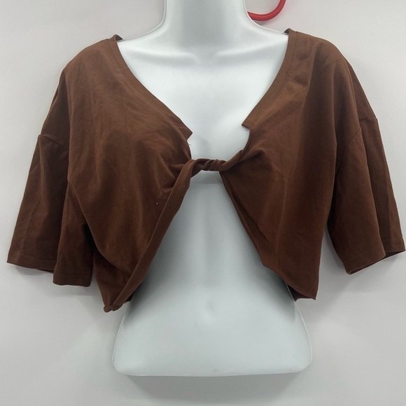 Ladies Brown Casual Tie-Up Crop Top – Size M | Short Sleeve, Stretch, NWOT - Picture 1 of 6